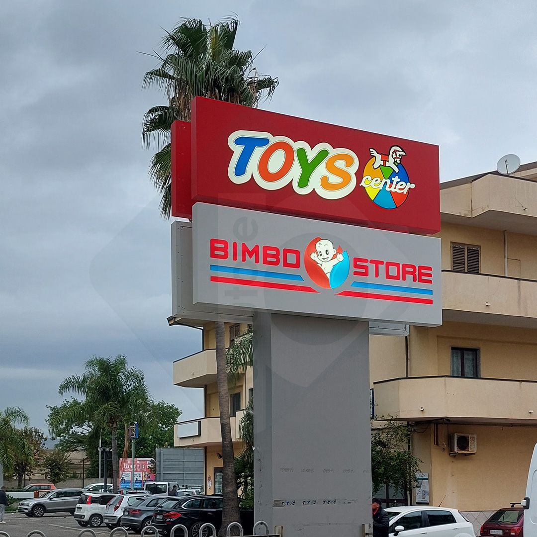 TOYS CENTER BIMBO STORE Totem retroilluminato in Dibond e Plexiglass a LED