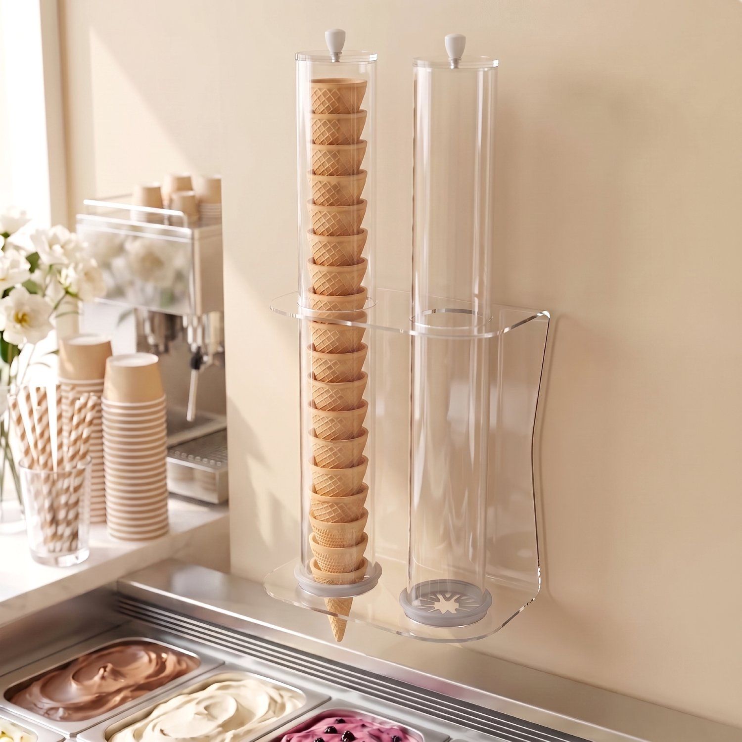 portaconi-gelato-da-parete-plexiglass-dispenser-2-tubi-allestito-gelateria-plex-dautore portaconi gelato da parete plexiglass dispenser 2 tubi allestito gelateria plex dautore
